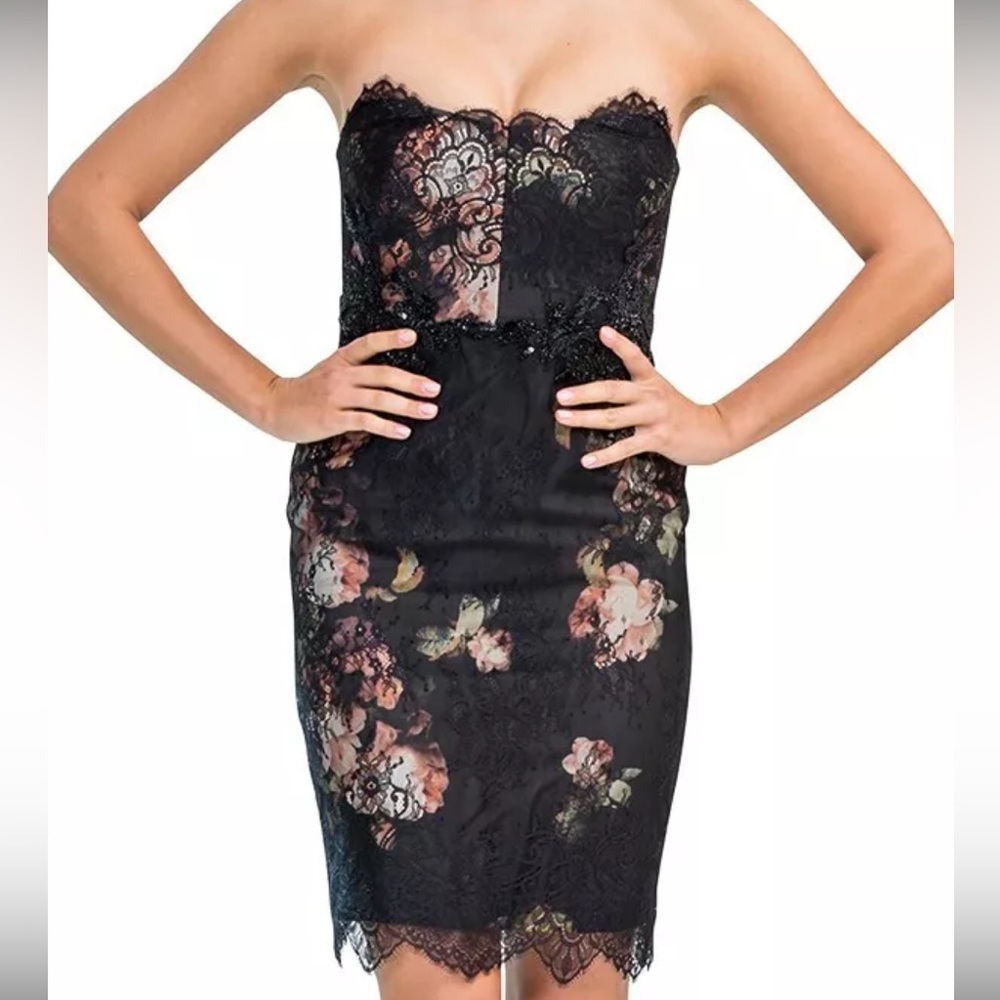 MARCHESA NOTTE Womens Sheath Dress Small Black Strapless Floral Lace Beaded Silk